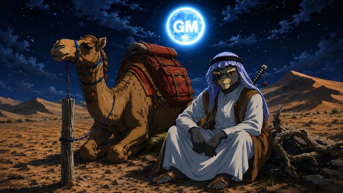 The image features an Arab man sitting next to a camel, both of them facing each other with their backs to the camera. The background shows a desert landscape under a dark sky, creating a sense of adventure and exploration. The caption at the bottom of the image reads "good morning frens happy humps wednesday was a good one for me as I got the chance to connect more thankfully today is better not just for me but also you".