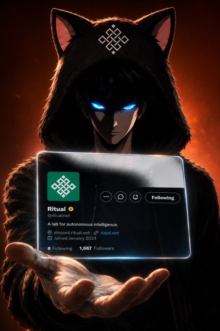 Anime-style illustration of a dark figure in a wolf-eared hood with glowing blue eyes, holding a glowing card displaying a social media profile for 'Ritual' (@ritualnet) described as 'A lab for autonomous intelligence,' with 1,667 followers, following 8 accounts, joined January 2024.