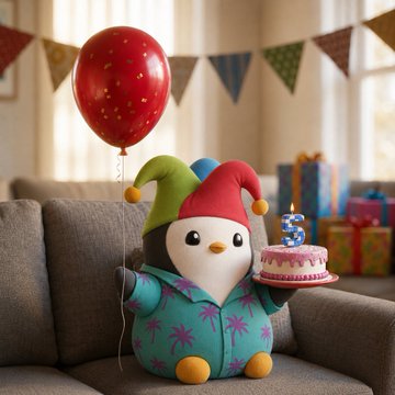 A plush penguin wearing a colorful jester hat and tropical shirt holds a red balloon and a small birthday cake with a "3" candle, celebrating a three-year milestone. The festive decorations, including bunting and gift boxes, echo the post's reflection on three years of changed thinking through Pudgy Penguins.