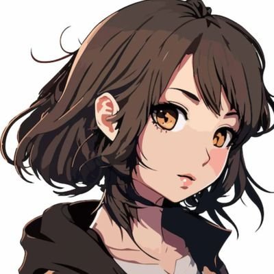 An anime-style illustration of a young woman with short brown hair and large amber eyes, wearing a dark hooded jacket.