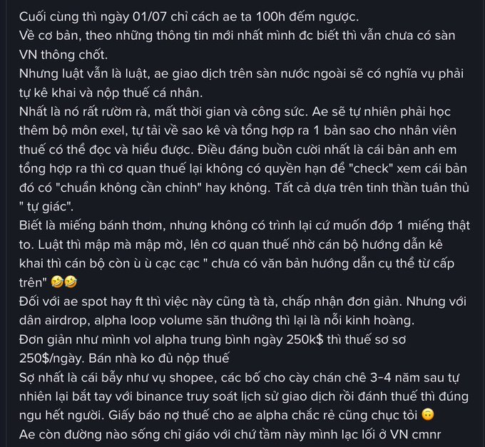 A Vietnamese-language social media post expressing frustration about Vietnam's upcoming crypto tax regulations effective 07/01, where the author calculates that with average daily Binance Alpha volume of 250k$, traders could face approximately 250$/day in taxes, warning that larger volume traders could owe tens of billions of VND and questioning how crypto traders can survive under these regulations.