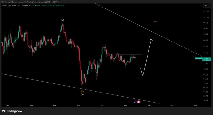 A TradingView daily chart for SOL/USD showing price at 77.34, with Elliott Wave annotations labeling (i), (iii), (iv), and a projected path targeting higher levels before a potential lower move, consistent with the post's call to "wait for dips" before entering positions.