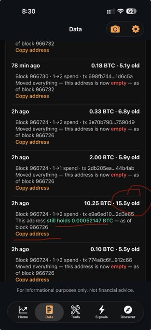 A mobile app screenshot (time 8:30, 65% battery) showing Bitcoin transaction data on block 966724, listing multiple transactions (0.18 BTC, 0.33 BTC, 2.00 BTC, 10.25 BTC, 0.10 BTC) with copy address options.