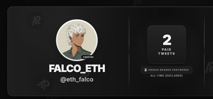 A profile card for verified user 'FALCO_ETH' (@eth_falco) showing an anime-style avatar with white hair, noting '2 PAID TWEETS' from 2 unique brands partnered all-time.