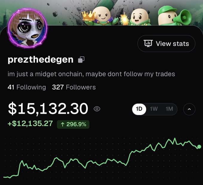 A trading profile for 'prezthedegen' showing $15,132.30 in profits (+$12,135.27, up 296.9%) with the bio 'im just a midget onchain, maybe dont follow my trades', 41 Following and 327 Followers.