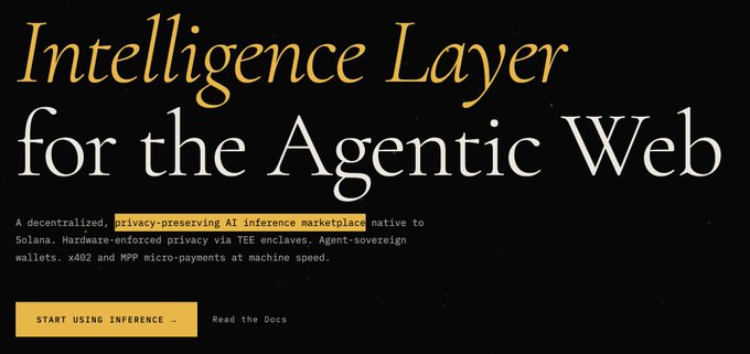 The image shows a website called "Intelligence Layer for the Agentic Web". The title of the image reads "Intelligence Layer for the Agentic Web", which indicates that this is an advertisement or promotional material related to the Agentic Web platform. The text on the image provides information about the Agentic Web and its features, such as making transactions private and using artificial intelligence to detect market trends.