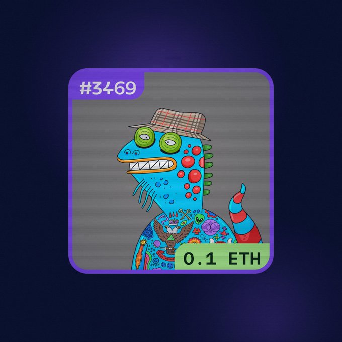 A digital NFT-style card features a colorful cartoon character resembling a teal lizard with red spots, wearing a plaid hat and glasses, priced at '0.1 ETH' and labeled '#3469'.