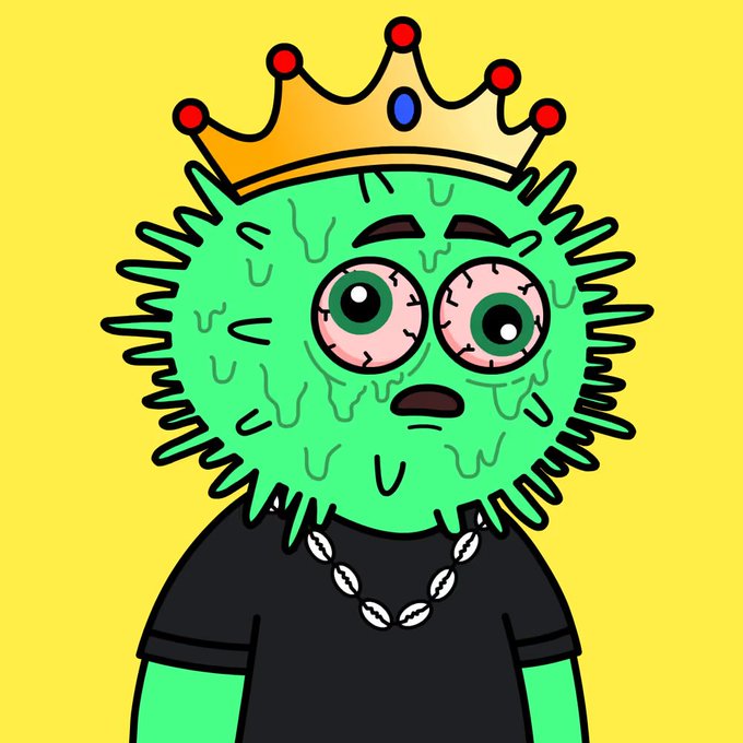 A cartoon illustration of a green, fuzzy, virus-like character wearing a gold crown with red jewels, a black t-shirt, and a cowrie shell necklace against a yellow background.