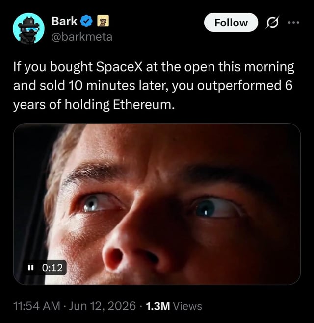 The image shows a close-up of a person's face, with their eyes open as if they are looking at something off screen or in focus. The text in the image reads "If you bought SpaceX at the open this morning and sold 10 minutes later, you outperformed 6 years of holding Ethereum." This message is related to the post about SpaceX being worth more than Bitcoin within a short period of time.