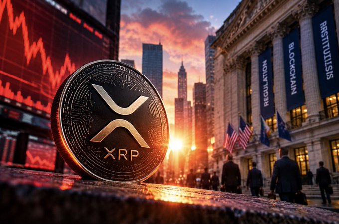 A stylized XRP coin is pictured in front of a financial district scene, with a red downward market chart and building banners reading “REGULATION,” “BLOCKCHAIN,” and “INSTITUT...”