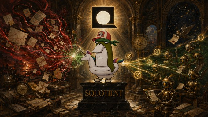 An illustration of a white unicorn character wearing a cap, standing on a pedestal labeled 'SQUOTIENT', with magic emanating from its horn in a chaotic, mystical room.