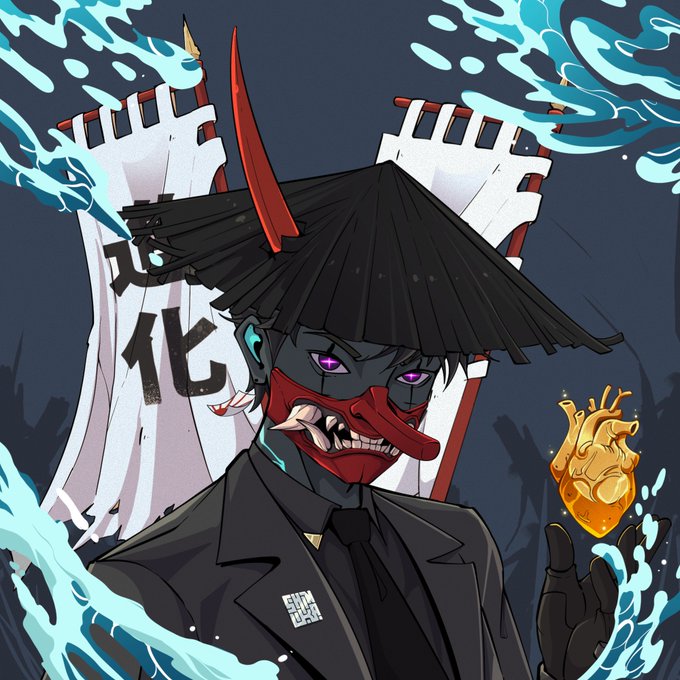 An anime-style illustration depicts a menacing figure with a red oni mask, purple eyes, and a black hat, holding a golden heart with banners bearing Japanese characters in the background.