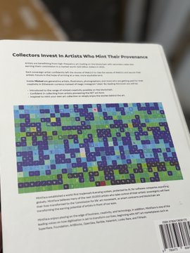 The image shows the back cover of an art publication titled "Collectors Invest in Artists Who Hint Their Provenance," featuring a colorful pixelated grid pattern in shades of green, blue, and purple, with painting #4971 highlighted as the featured work that made the cover due to its commercial licensing rights, as referenced in the caption about artist Seb/CryptoArte.