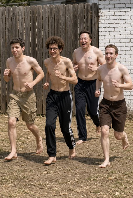 Four shirtless men running barefoot on a dirt path in front of a wooden fence and brick wall, with their faces appearing to be digitally swapped with those of tech CEOs.