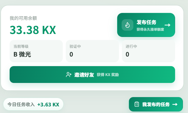 A digital dashboard showing '我的可用余额' (My Available Balance) of 33.38 KX, current rank 'B 微光', and buttons for '发布任务' (Post Task) and '邀请好友' (Invite Friends).