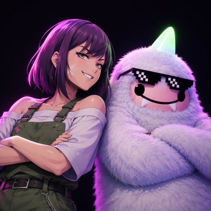 An anime-style illustration features a smiling girl with purple hair standing next to a fluffy white yeti-like creature wearing pixelated sunglasses and a glowing green horn.
