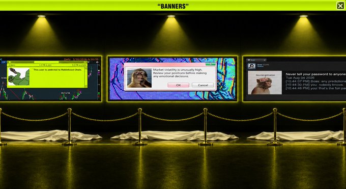 A dark gallery-style display features three computer monitors under spotlights, each showing different pop-up dialogs with messages including "This user is addicted to Robinhood Chain," "Market volatility is unusually high," and "Never tell your password to anyone," with "BANNERS" labeled at the top, echoing the post's system-update style banner reveal.
