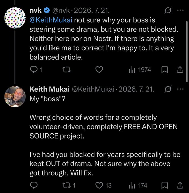 A screenshot of a Twitter/X exchange between user "nvk" (@nvk) and Keith Mukai (@KeithMukai) discussing being blocked and drama around an open source project, dated July 21, 2026.