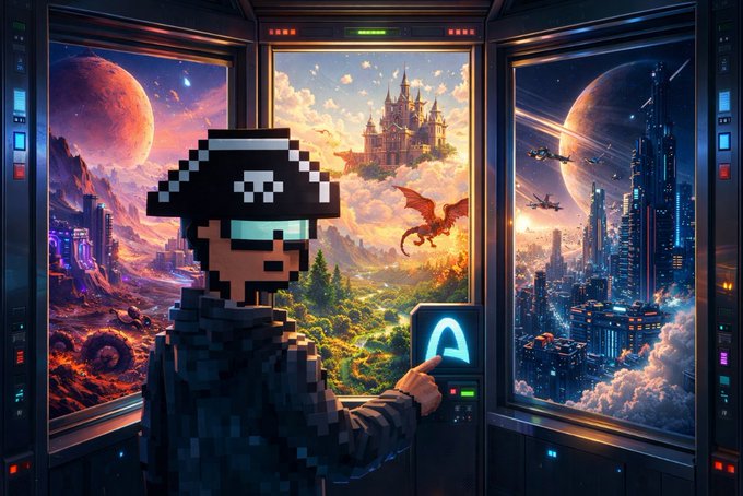 A pixel art character wearing a black cap with a logo stands in a spaceship control room, looking out at three large windows showing a fantasy castle, a red dragon, and futuristic sci-fi cityscapes.