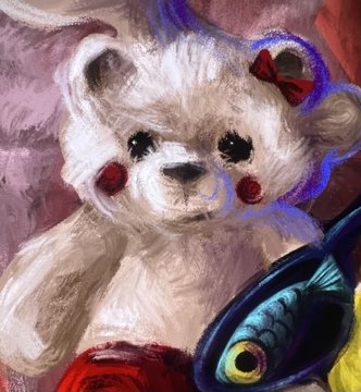 A painted white teddy bear with a red bow and rosy cheeks holds a blue fish, with vibrant red and purple tones in the background, evoking a whimsical, nostalgic feel that ties to the post's theme of treasured personal objects and stories shared among a close-knit online community.