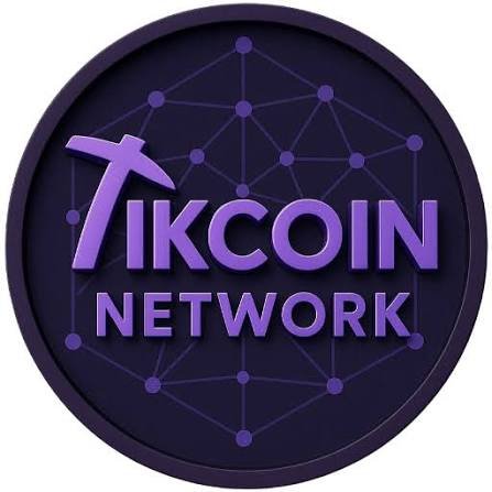The image is a circular purple logo featuring a pickaxe symbol alongside the text "TIKCOIN NETWORK," with a network mesh pattern in the background representing the blockchain infrastructure of TikChain. This visual aligns with the post describing $TIK as the main coin of TikChain, a Layer-1 blockchain network.