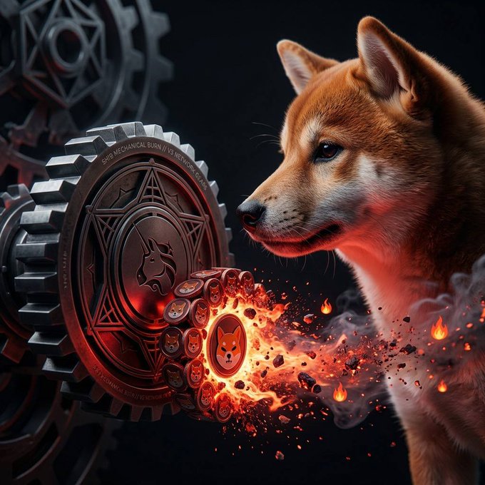 A digital artwork shows a Shiba Inu dog in profile next to a bronze coin featuring a dog emblem, with a fiery paw print trailing from the coin's edge against a dark background with gears.