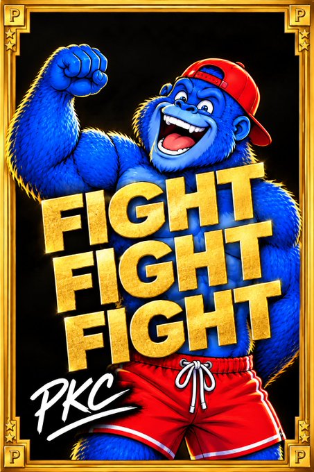 An illustration styled like a trading card shows a muscular blue gorilla wearing red shorts and a backward cap, with the word 'FIGHT' repeated three times in large gold text and 'PKC' signed below.