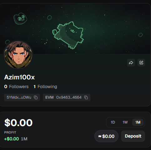 A profile page for "Azim100x" with 0 followers and 1 following, displaying a $0.00 profit and an EVM wallet address.