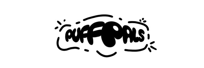 A black and white stylized logo reads "PuffPals" in playful, bubbly lettering surrounded by decorative sparkles and swirls. The image serves as the branding for PuffPals NFT, referenced in the post about a Genie Drop (GTD) mint phase eligibility for CQ pass holders.