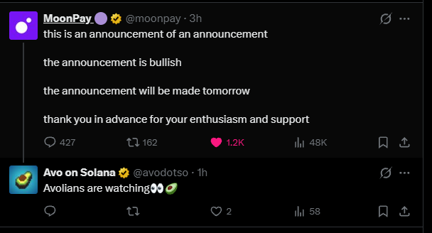 A Twitter/X post from MoonPay (@moonpay) announcing an upcoming bullish announcement to be made tomorrow, with a quote tweet from Avо on Solana (@avodotso) saying 'Avolians are watching👀🌿'.