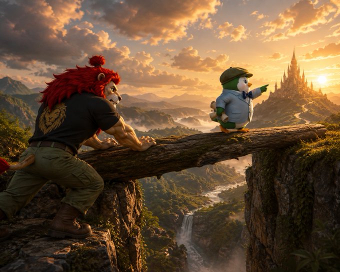 A fantasy illustration depicting a red-maned lion-like creature and a small bear character in a blue uniform standing on a fallen log bridge over a misty canyon, with a glowing castle visible in the distance.