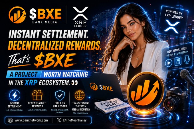 A promotional graphic for $BXE (Banx Media) featuring a woman with a laptop, highlighting its instant settlement and decentralized rewards on the XRP Ledger, with icons for security, transparency, and global reach, and tags crediting @BanXchange and @TheMoonHailey. The image visually reinforces the post's claim that $BXE is a notable project in the XRP ecosystem due to its fast, transparent, and decentralized media-focused features.