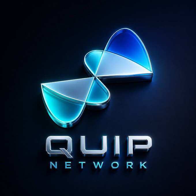 A glowing blue 3D logo featuring a stylized four-petal flower shape sits above the metallic text "QUIP NETWORK" against a dark background.
