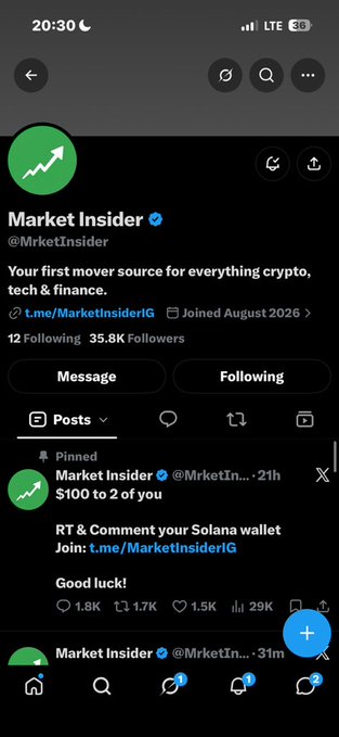 A Twitter/X profile page for 'Market Insider' (@MarketInsider1G) describes itself as 'Your first mover source for everything crypto, tech & finance.' with a pinned giveaway post offering '$100 to 2 of you' for RT and comments with Solana wallet.
