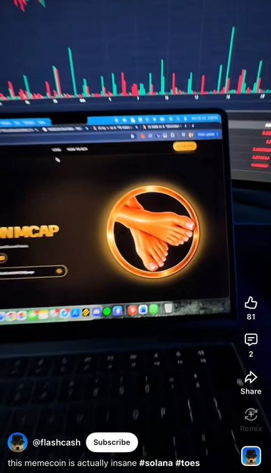 A screenshot from YouTube Shorts by @flashcash showing a laptop displaying a meme coin called 'TOES' with the Solana logo, with the caption 'this memecoin is actually insane #solana #toes'.