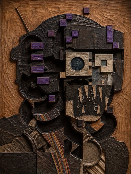 An abstract mixed-media artwork portrays a stylized face composed of dark wooden geometric shapes, purple squares, and textured materials against a wood-grain background.