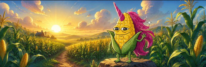 A cartoon unicorn-corn hybrid character with pink mane stands atop a rock in a golden cornfield at sunset, embodying the playful spirit of the $UCORN meme coin project as it prepares to "make some noise" in the crypto space.