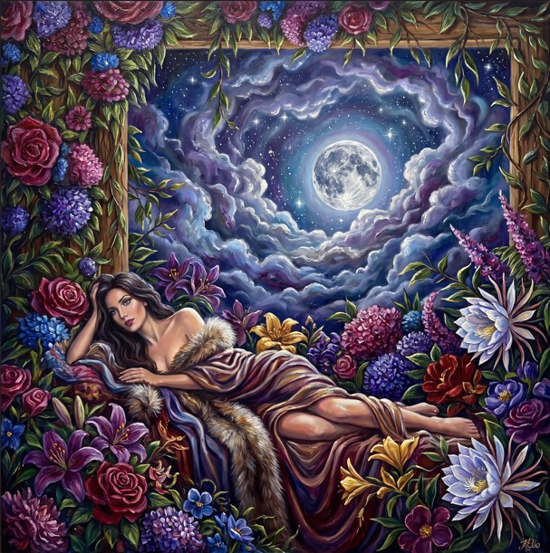 A woman reclines within a wooden frame surrounded by lush, colorful blooms, gazing out under a swirling, star-filled night sky illuminated by a radiant full moon. The artwork, titled "The Goddess in the Garland" by artist Mila, is showcased as a 5/5 edition NFT on the Tezos marketplace @objktcom, with the floral and celestial imagery evoking the enchanting, dreamlike atmosphere described in the evening post.