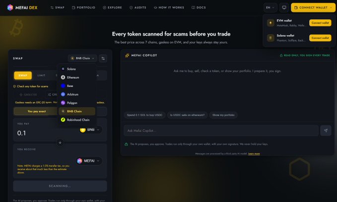 A dark-themed screenshot of the MEFAI DEX interface displays its token swap functionality, featuring a BNB Chain selection dropdown with options like Solana, Ethereum, Base, Arbitrum, Polygon, and Robinhood Chain, alongside a highlighted headline stating "Every token scanned for scams before you trade" and a MEFAI Copilot chat panel, visually reinforcing the platform's emphasis on security and scam detection through its Scam Shield feature.