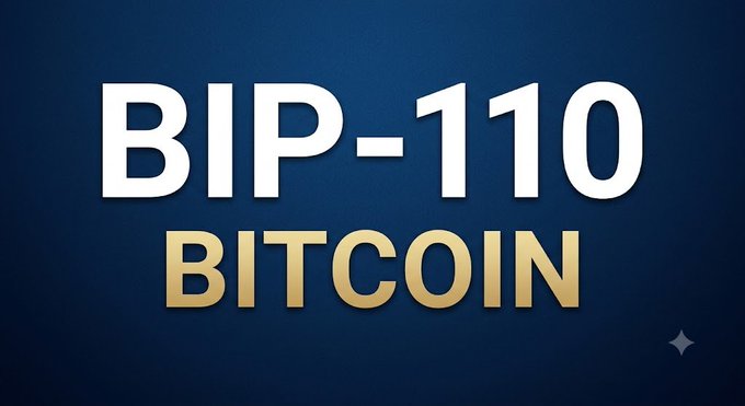 A dark blue graphic with bold white and gold text reading 'BIP-110 BITCOIN,' referring to a Bitcoin Improvement Proposal.