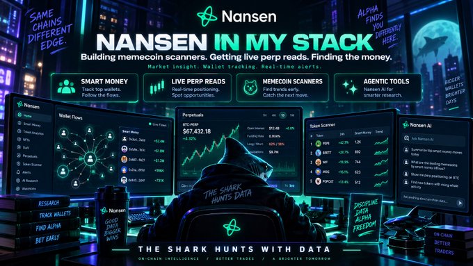 A promotional graphic titled 'Nansen in My Stack' highlighting features like Smart Money, Live Perp Reads, Meme Coin Scanners, and Agentic Tools, showing a hooded figure ('The Shark Hunts Data') analyzing cryptocurrency trading dashboards.