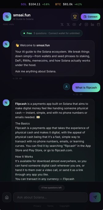 A screenshot of smsai.fun, an 'AI Guide to Solana' chatbot, displaying a conversation about Flipcash with SOL ($104.11) and BTC ($81.0k) prices shown at the top.