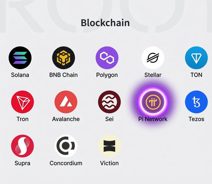The image displays a "Blockchain" comparison chart featuring logos of 13 networks including Solana, BNB Chain, Polygon, Stellar, TON, Tron, Avalanche, Sei, Pi Network, Tezos, Supra, Concordium, and Viction, with Pi Network highlighted with a glowing purple aura. The visual ties into the post's message by positioning Pi Network among established blockchains while emphasizing its unique, people-focused design as a "different kind of blockchain" for Web3 and Web4.