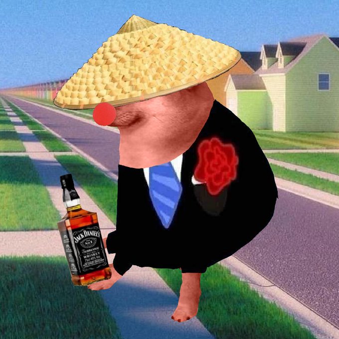 A surreal illustration of a figure wearing a black suit and a large woven conical hat that obscures its face, holding a bottle of 'Jack Daniel's' whiskey against a backdrop of green lawns and houses.