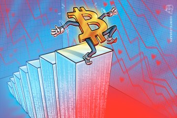 The image depicts a cartoon Bitcoin character standing atop a rising set of blue and white bars, set against a background of red financial charts and the "COINTELEGRAPH" logo in the top right corner.