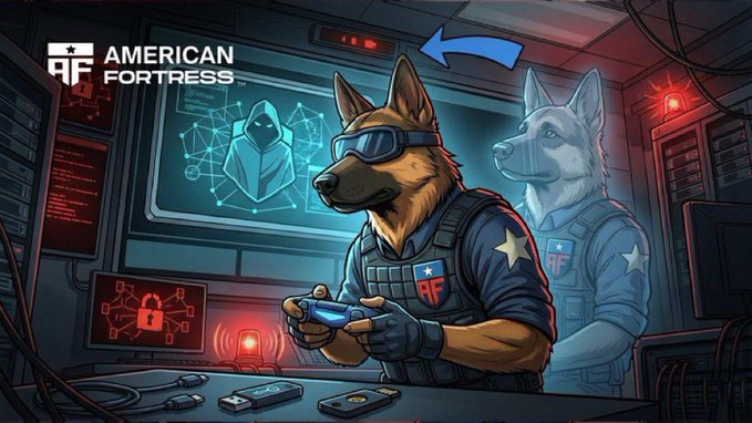 An illustration for American Fortress shows an anthropomorphic dog in tactical gear holding a device in a high-tech setting, with a hacker figure visible on a screen behind it.