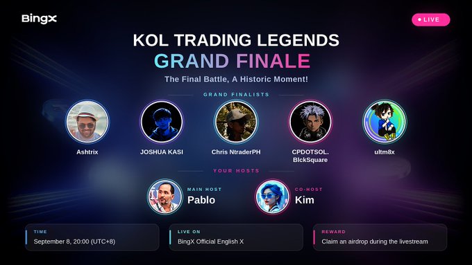 A promotional graphic for the "KOL Trading Legends Grand Finale" livestream on BingX, scheduled for September 8 at 20:00 (UTC+8), featuring five grand finalists—Ashtrix, Joshua Kasi, Chris NtraderPH, CPDOTSOL/BlickSquar, and ultm8x—alongside hosts Pablo and Kim. The image aligns with the post's call-to-action to set a reminder for watching the live event and claiming an airdrop during the livestream.