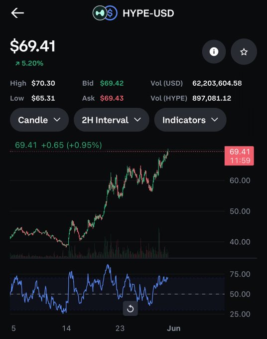 The image features a phone screen with a graph of an upward trend showing high prices, possibly indicating success on a particular stock or cryptocurrency venture. A caption on the image reads "No worries #hype will solve that issue #hype also found the cure for cancer". The focus is on how the price of the currency has grown and its potential for further success.