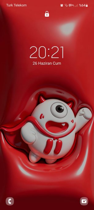 A lock screen displays the time "20:21" and date "26 Haziran Cum" (Friday, June 26), featuring a cute white bull mascot with red horns peeking through a red hood, set against a vibrant red background in Turk Telekom network. The image aligns with the post by showcasing a new TRON Bull HD wallpaper from Justin Sun's TRON DAO ecosystem, giving users a fresh, mascot-themed vibe for their phone screens.