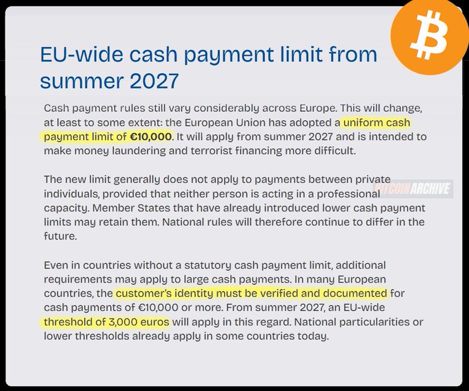 The image shows an informational graphic titled "EU-wide cash payment limit from summer 2027," highlighting in yellow that the EU has adopted a uniform cash payment limit of €10,000 and a customer identity verification threshold of €3,000 for cash transactions—aligning with the post's reminder about the July 2027 ban on large cash payments and mandatory ID verification requirements.
